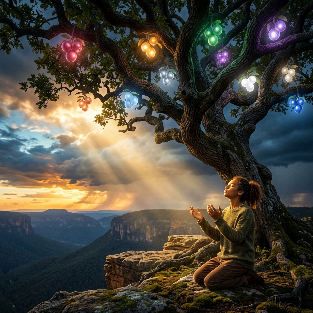 Árbol luminoso con frutos divinos bajo la luz de Dios