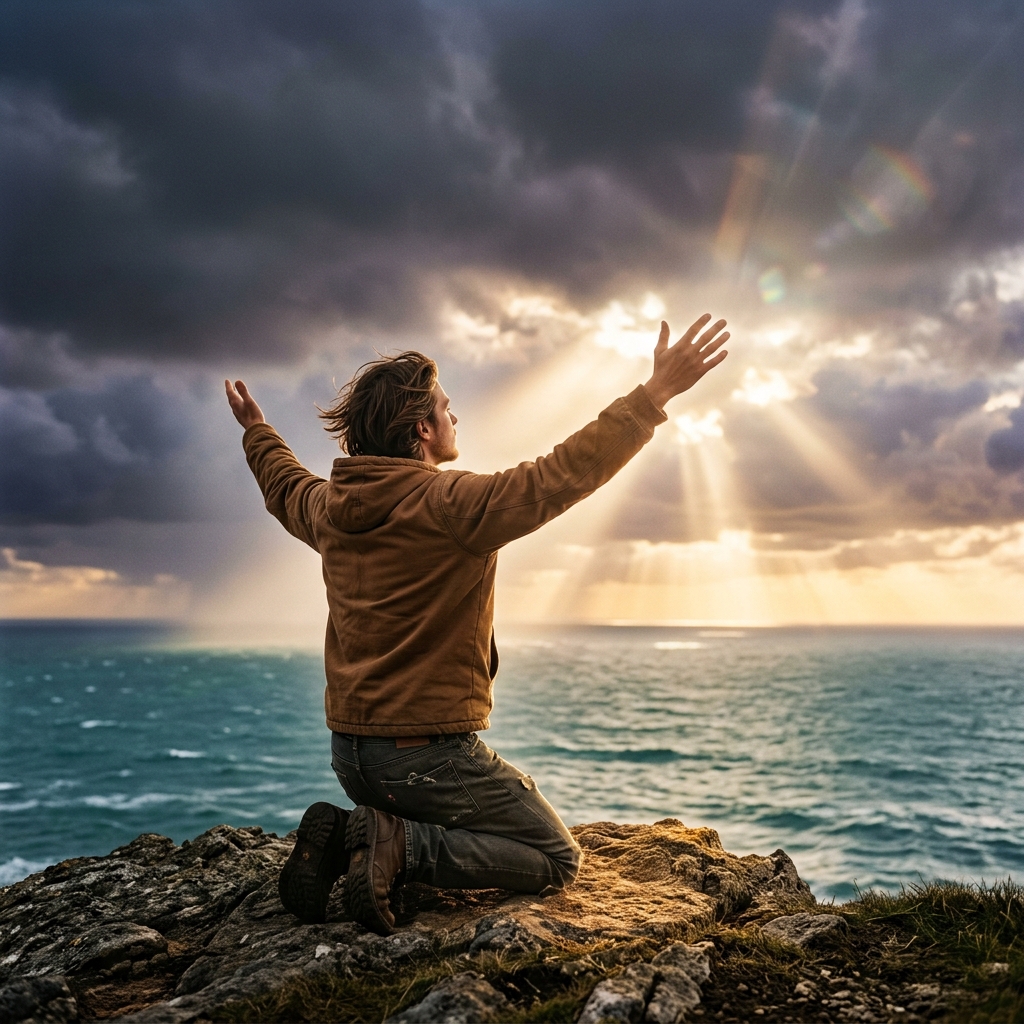 A young man in prayer surrendering his will to God on a clifftop at sunset