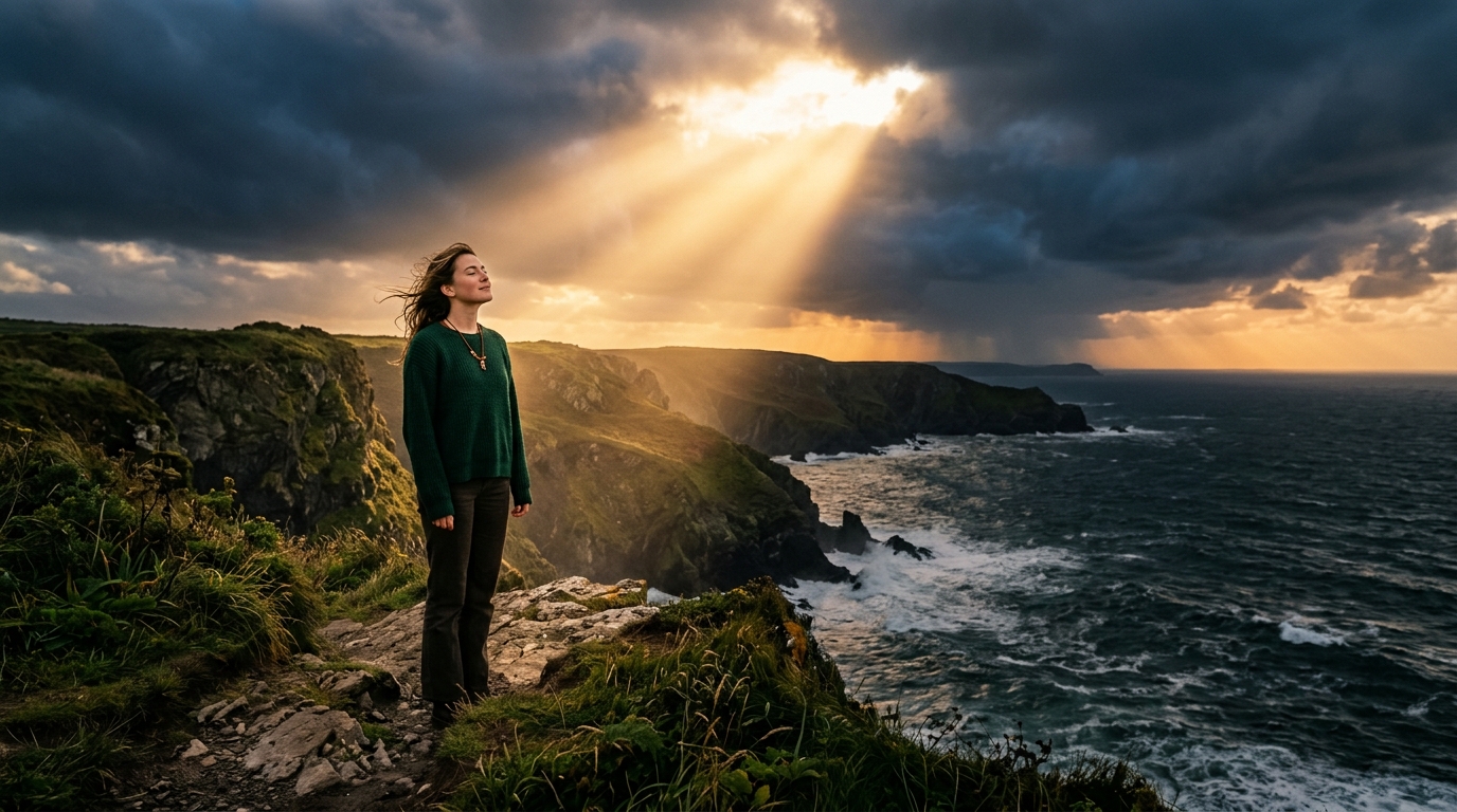 A young person peacefully beholding divine golden light over a roaring sea
