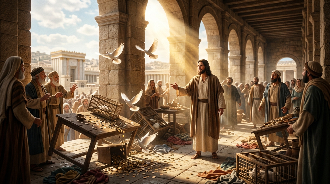 Jesus cleansing the Jerusalem Temple with holy authority as celestial light floods the sacred courts and doves soar free