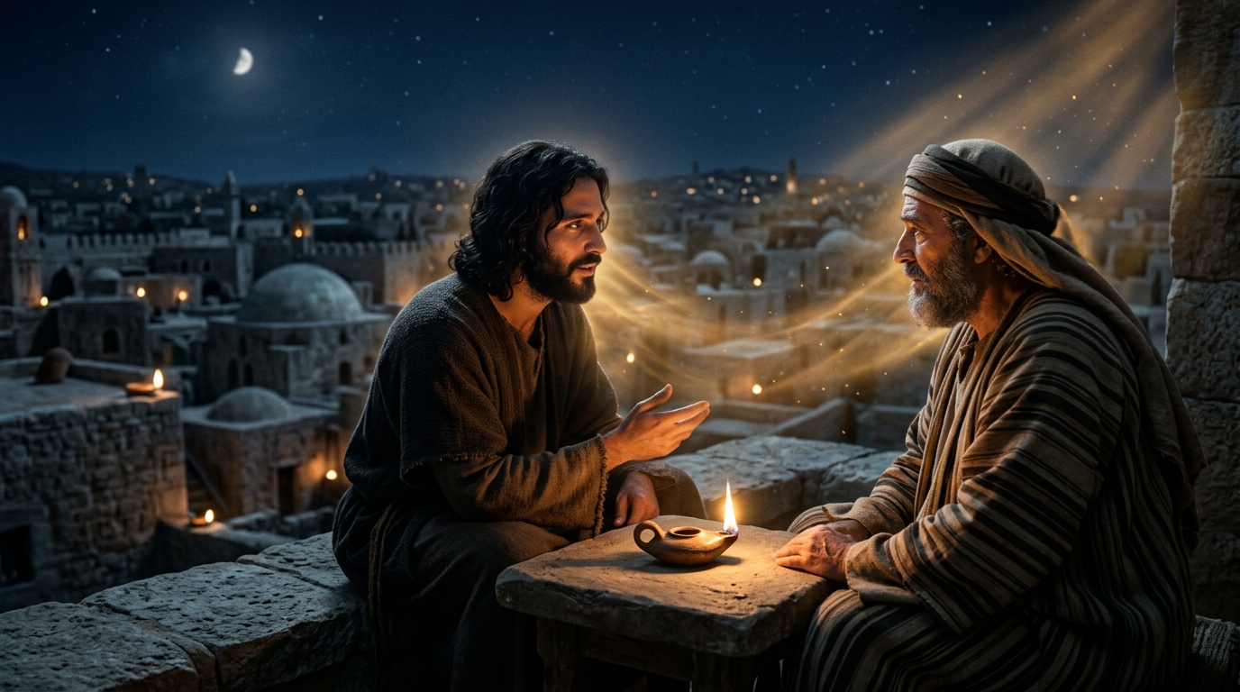 Jesus in deep spiritual dialogue with Nicodemus at night on a rooftop terrace overlooking Jerusalem beneath an ethereal celestial glow