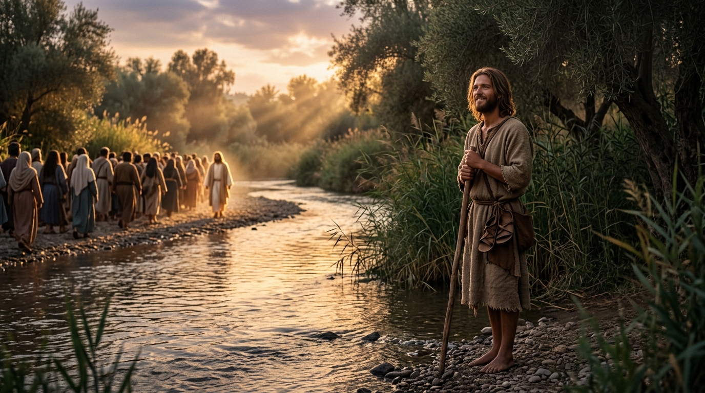 John the Baptist smiling with serene and humble joy by the river as crowds follow Jesus in the distance beneath celestial light