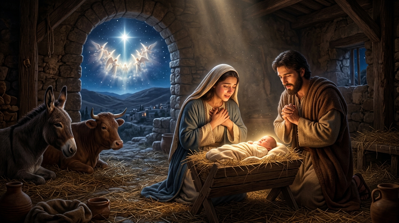 The birth of Jesus in a humble stable of Bethlehem illuminated by celestial light while Mary and Joseph contemplate the Savior in the manger