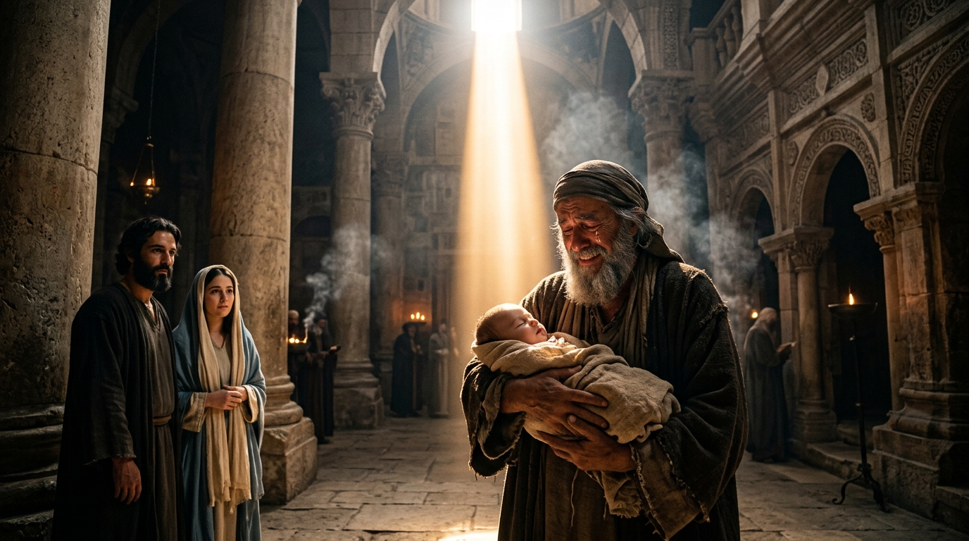 The devout elderly Simeon holding the infant Jesus with joyful tears in the temple of Jerusalem beneath a celestial shaft of light as Mary and Joseph look on reverently