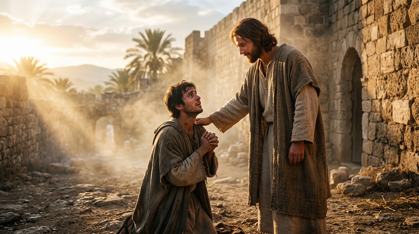 A young man kneeling with tears of gratitude receiving the tender and restoring touch of Jesus at sunrise
