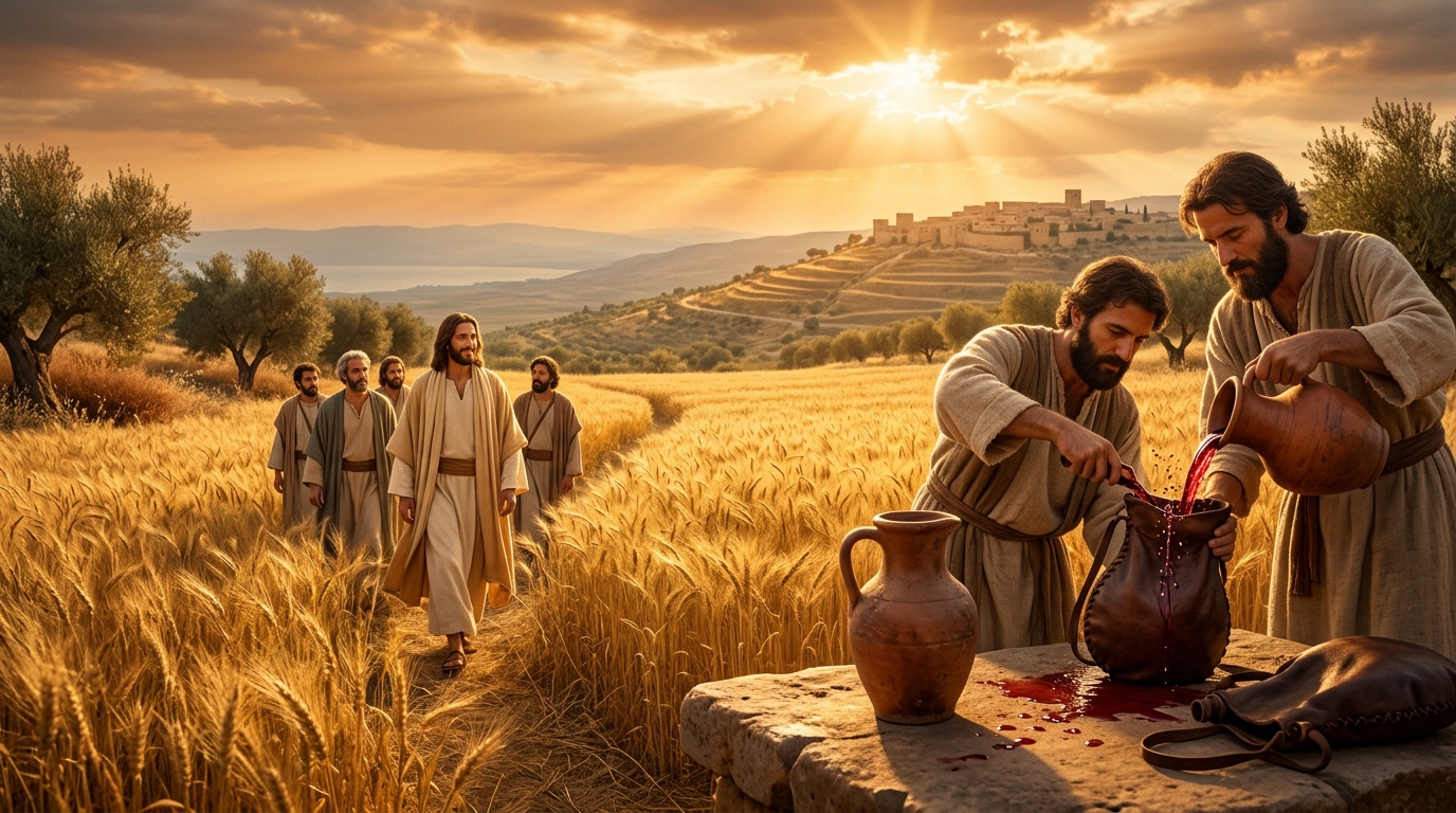 Jesus and his disciples walking through golden wheatfields in Galilee as fresh wine is poured into new wineskins in the foreground