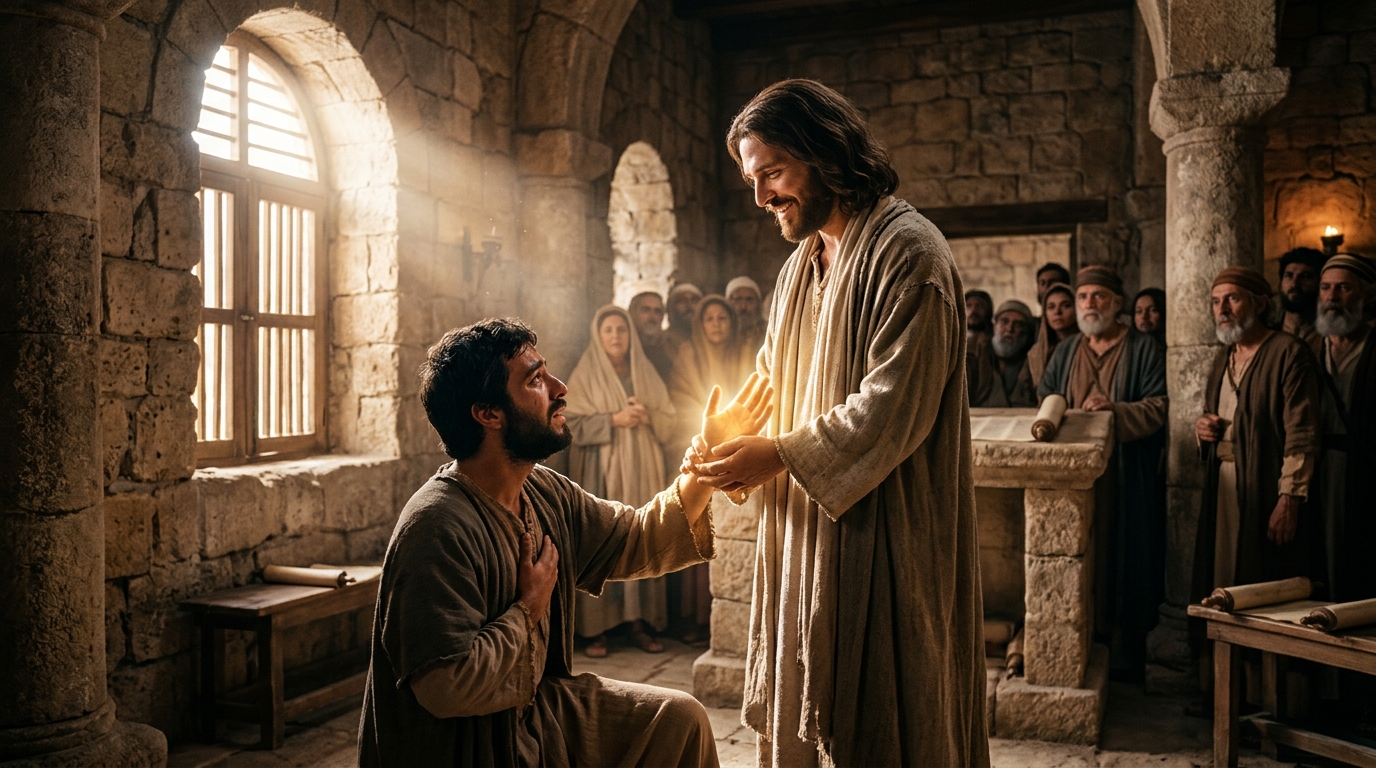 Jesus healing the man with the withered hand in the synagogue as celestial light floods the chamber