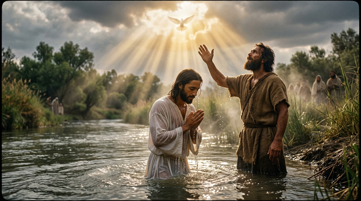 Jesus being baptized by John in the Jordan River as heavenly light breaks through and the Holy Spirit descends like a dove