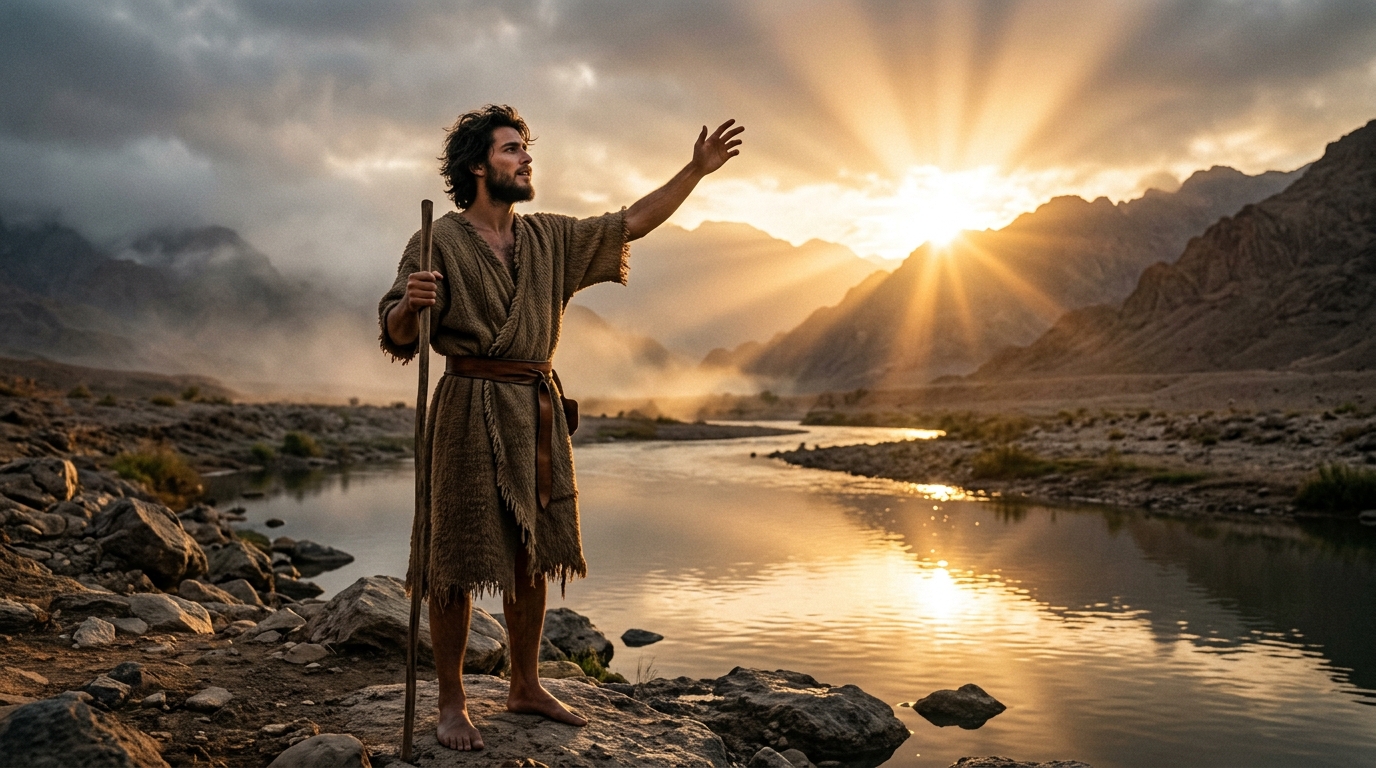 John the Baptist in the wilderness of Judea beside the Jordan River pointing toward the dawn and the arrival of the Messiah