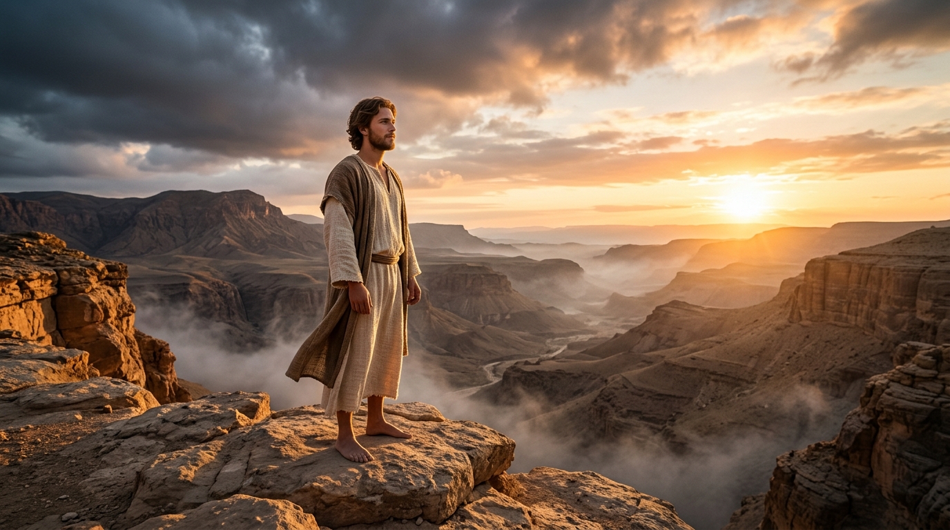 Jesús de pie en la cumbre del desierto de Judea al amanecer mientras la luz celestial vence las sombras y anuncia el alba