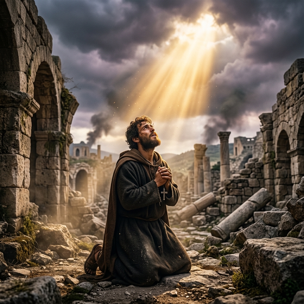 A young man kneeling in prayer amid ancient city ruins, bathed in golden divine light breaking through dark storm clouds