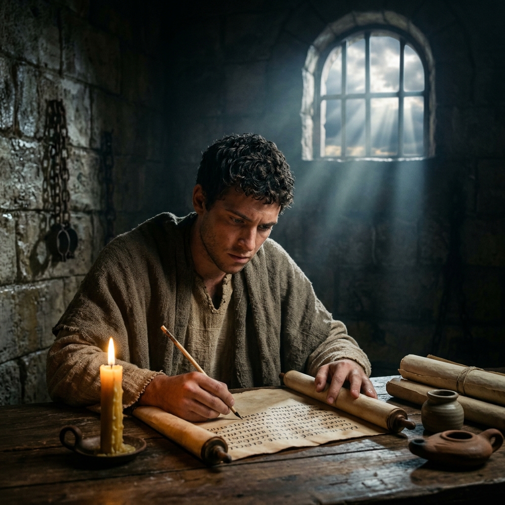 Paul writing his letters by candlelight in a prison cell in Rome