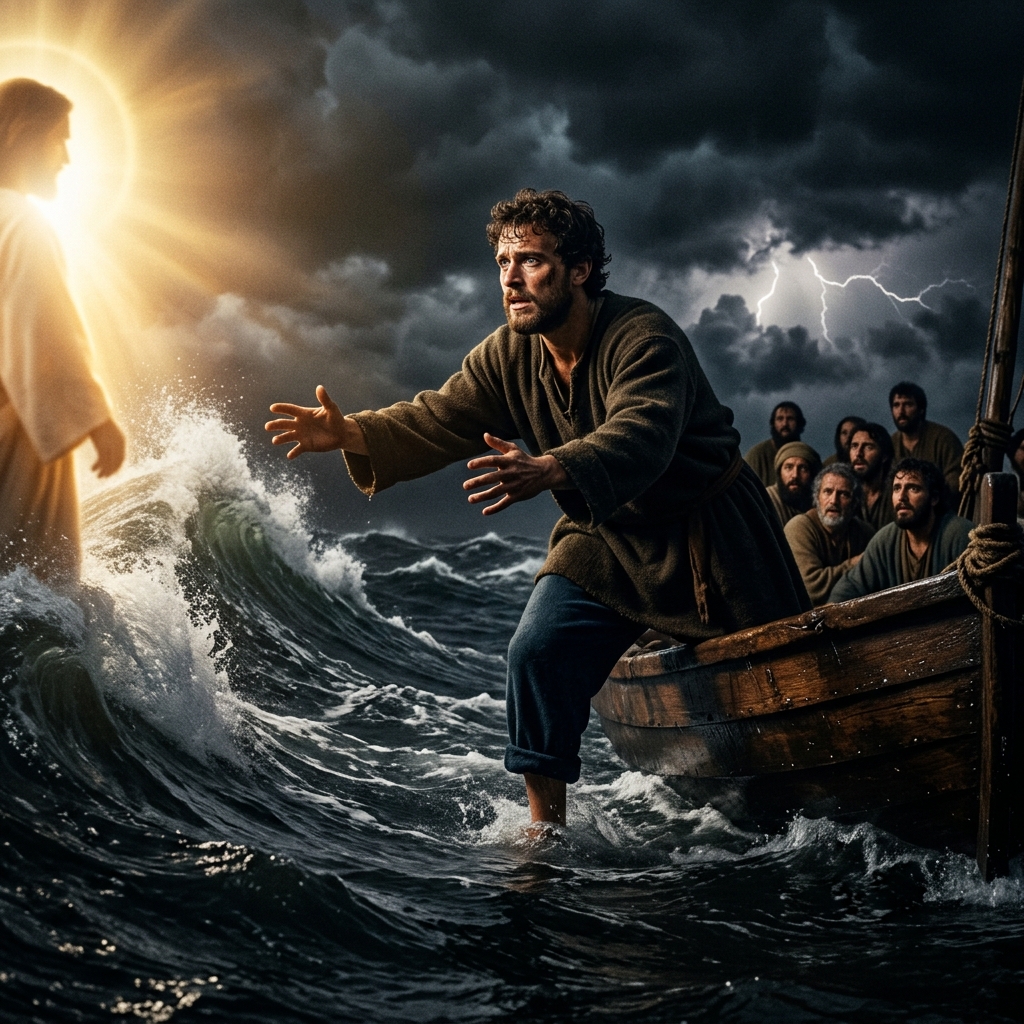 Pedro dando un paso sobre las aguas en medio de la tormenta, mirando a Jesús
