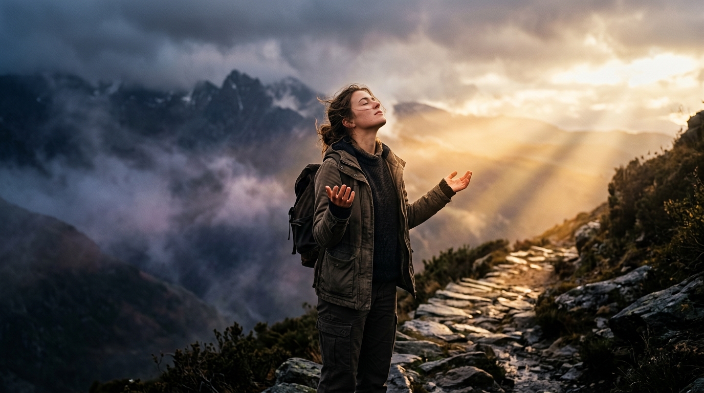 A young person gazing with profound relief and deep peace at the dawn breaking over a rugged mountain trail, leaving the shadows behind