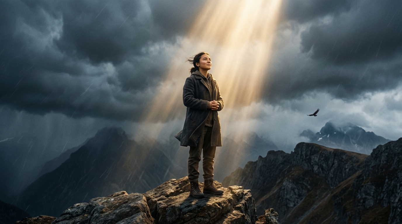 A young person standing firm and serene upon a steadfast rock amid a turbulent storm as a brilliant column of golden celestial light shines down