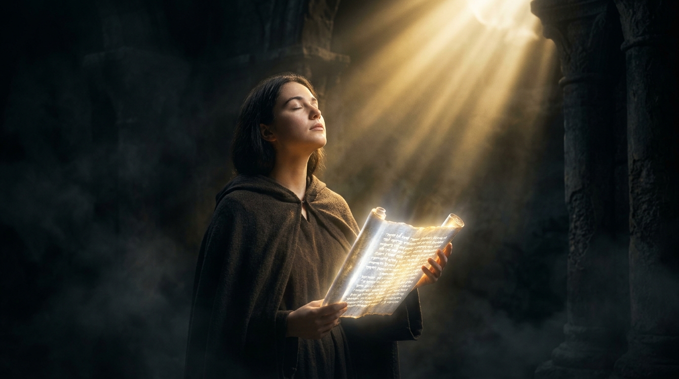 Una persona joven contemplando en solemne reverencia las Sagradas Escrituras iluminadas por un haz de luz celestial pura que disipa las tinieblas y la falsedad del entorno