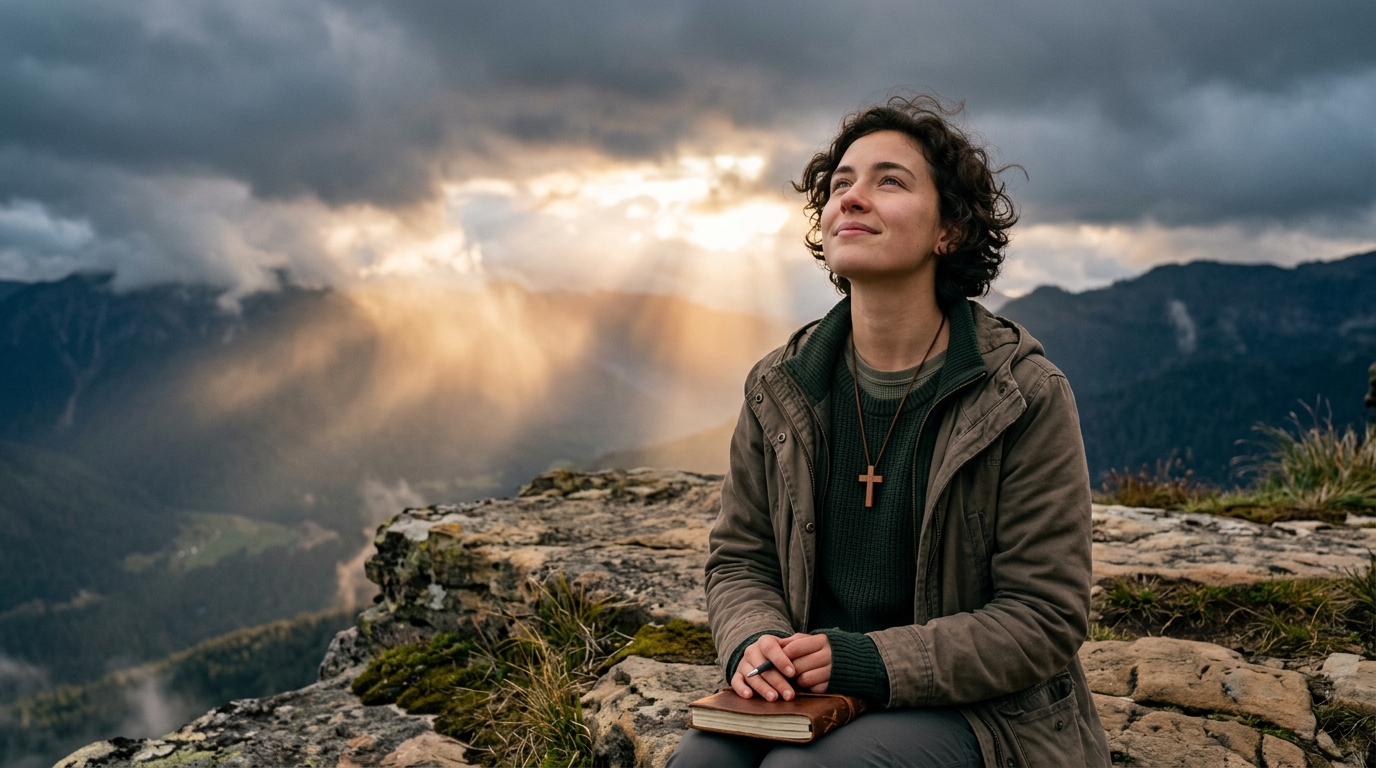 A young person contemplating in serenity and relief the radiant dawn breaking through mountain storm clouds