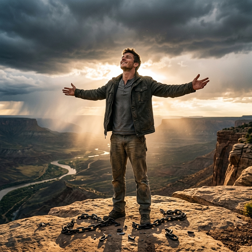 Young man with broken chains under God's divine light on a cliff